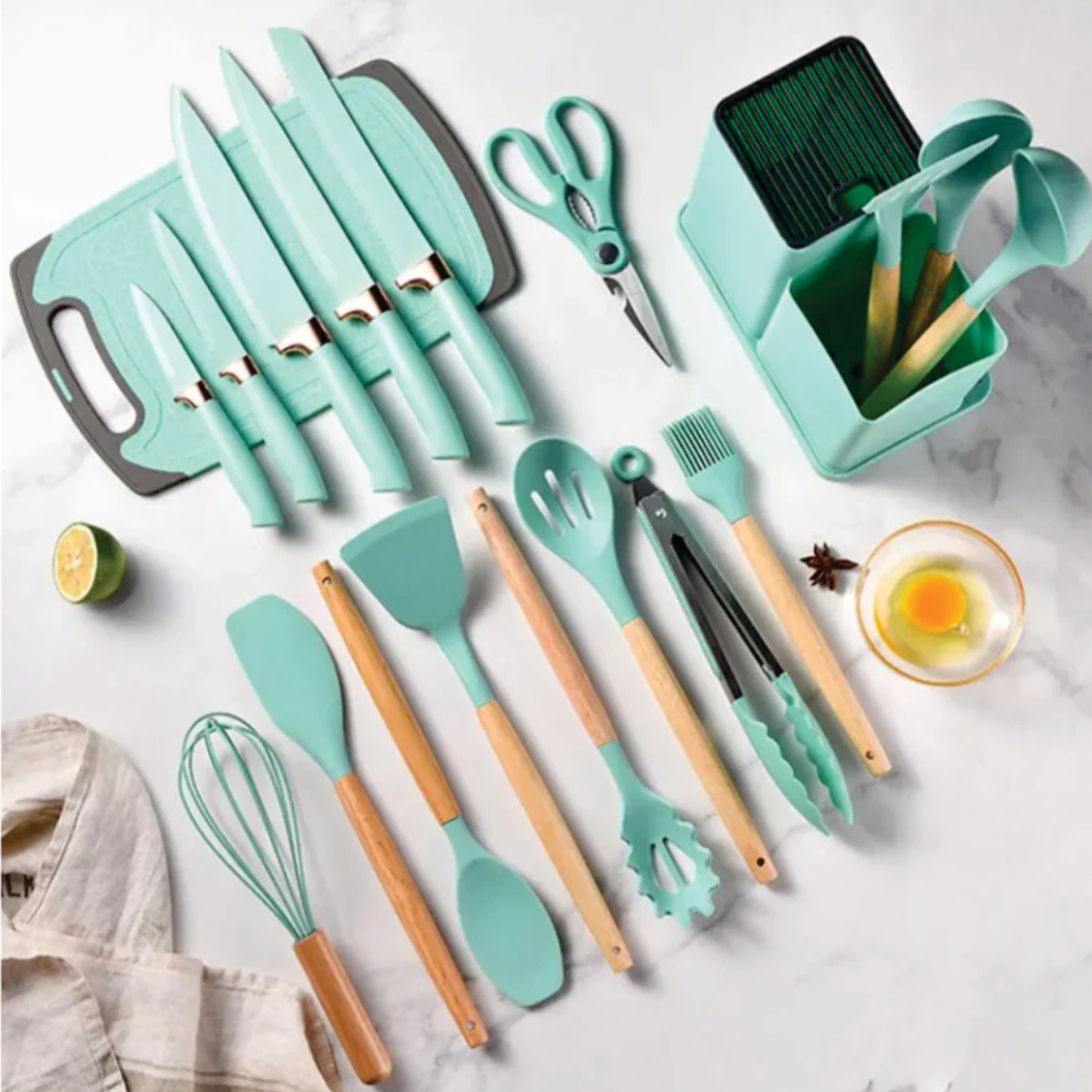 Utensilios de Cocina · 19 piezas · Verde Agua